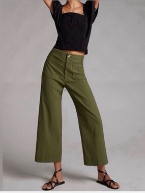 Anthropologie Maeve Colette Cropped Olive Green Wide-Leg Pants
